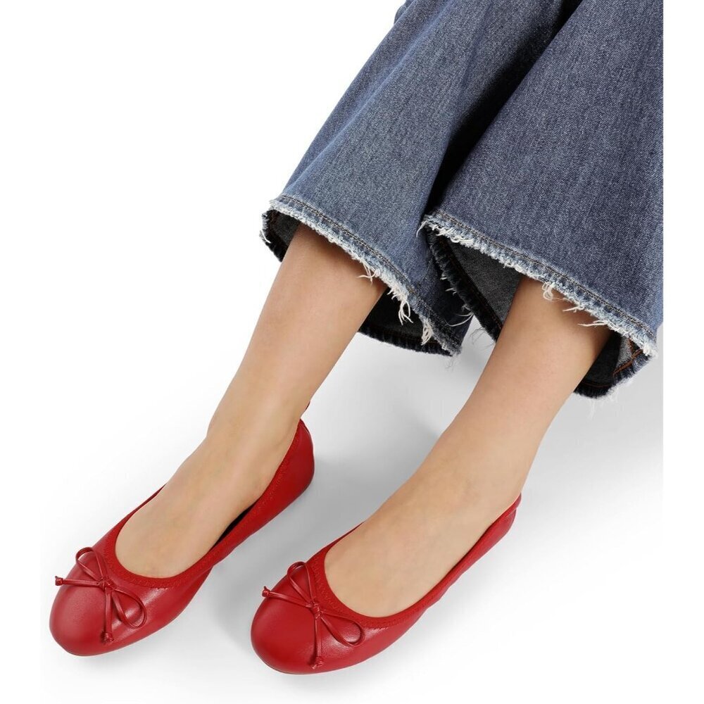 Women's Red Bowknot Round Toe Comfort Light Weight Slip-on Foldable Flats - Picture 7 of 9